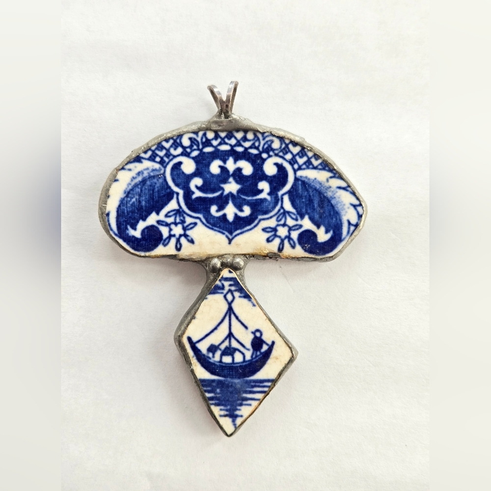 Vintage Pottery Shard Pendant Antique Blue & White Delftware Broken China